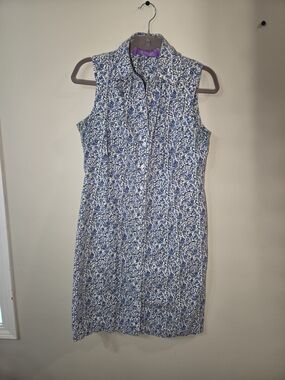 Jolie Blue and White Sleeveless Floral Shirt Dress
